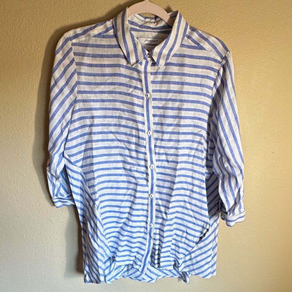 Foxcroft Women’s Shirt Size 12 Blue White Striped Linen Collared 3/4 Relaxed